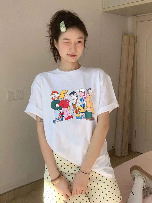 Korean Style Cartoon Character Printed Casual Loose Cotton T-Shirt for Women - Comfortable Round Neck Short Sleeve Top