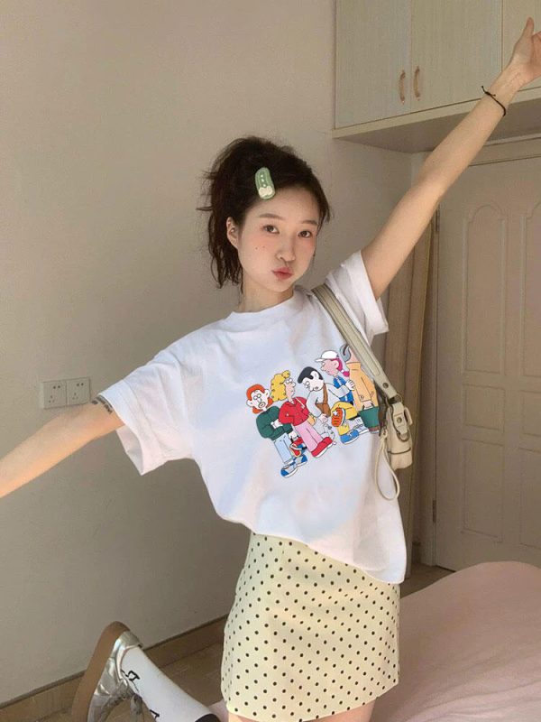 Korean Style Cartoon Character Printed Casual Loose Cotton T-Shirt for Women - Comfortable Round Neck Short Sleeve Top