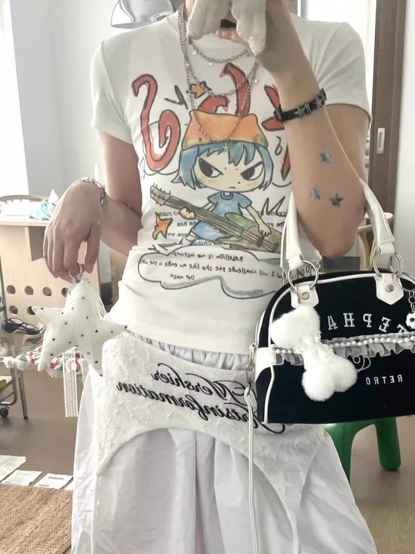 Korean Style Cartoon Print Comic Musician Slim-Fit Short-Sleeved High-Stretch Pure Cotton T-Shirt for Trendy Fashion Lovers