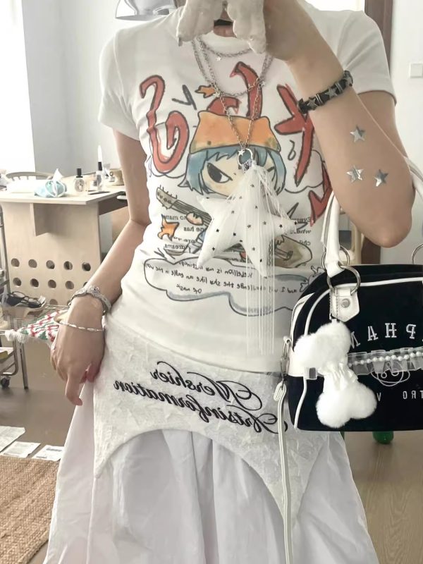 Korean Style Cartoon Print Comic Musician Slim-Fit Short-Sleeved High-Stretch Pure Cotton T-Shirt for Trendy Fashion Lovers