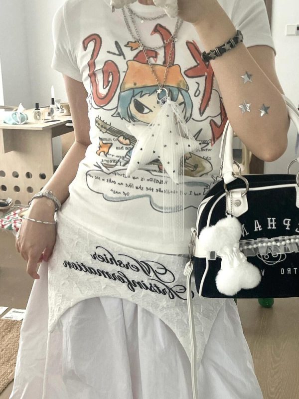 Korean Style Cartoon Print Comic Musician Slim-Fit Short-Sleeved High-Stretch Pure Cotton T-Shirt for Trendy Fashion Lovers