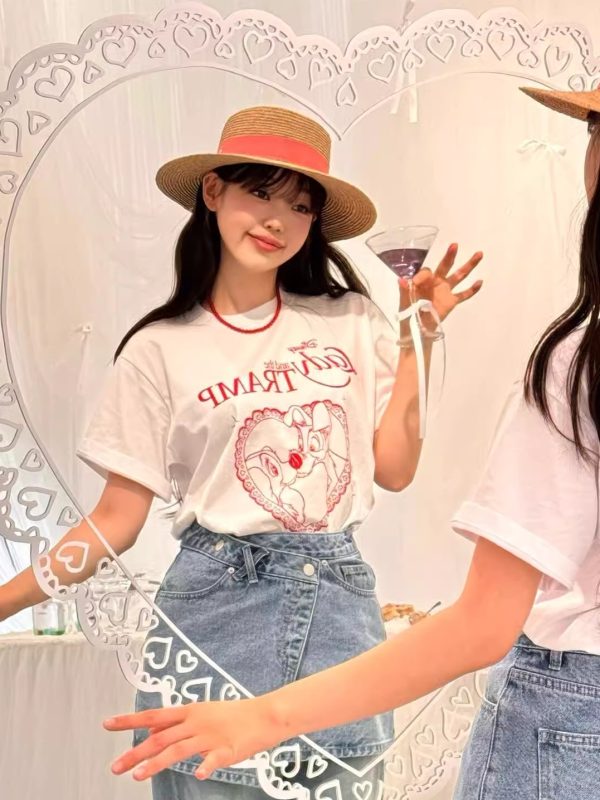Korean Style Cartoon Printed Casual Loose Fit Cotton Short Sleeve T-Shirt for Women - Versatile Comfort for Everyday Wear
