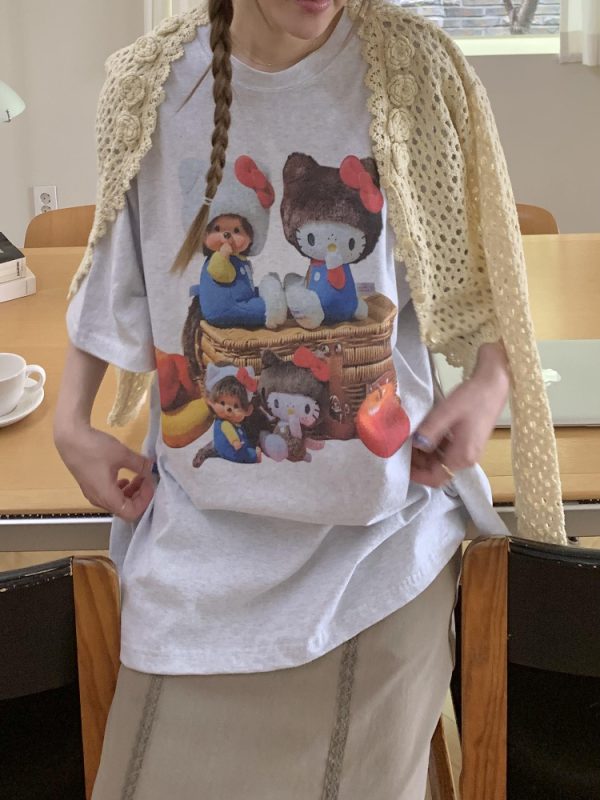 Korean Style Casual Kitty Princess Cartoon Print Loose Cotton Short Sleeve T-Shirt - Versatile Comfort Top