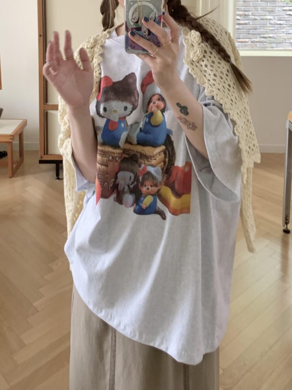 Korean Style Casual Kitty Princess Cartoon Print Loose Cotton Short Sleeve T-Shirt - Versatile Comfort Top