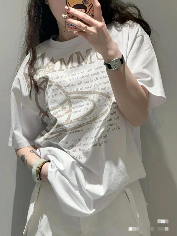 Korean Style Casual Letter Slogan Printed Loose Cotton Round Neck Short Sleeve T-Shirt for Women