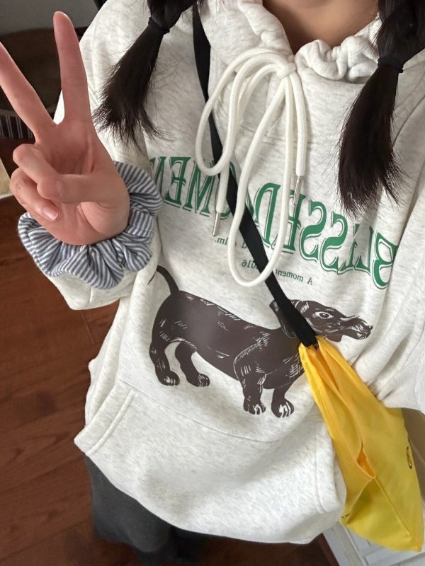 Korean Style Casual Loose Fit Color-Blocking Top with Youthful Dog Cartoon Print - Pure Cotton Comfort