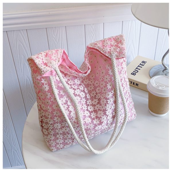 Korean-Style Chic Crochet Mesh Bag for Women, Handmade Woven Hollow Shoulder Tote, Large Summer Beach Bag