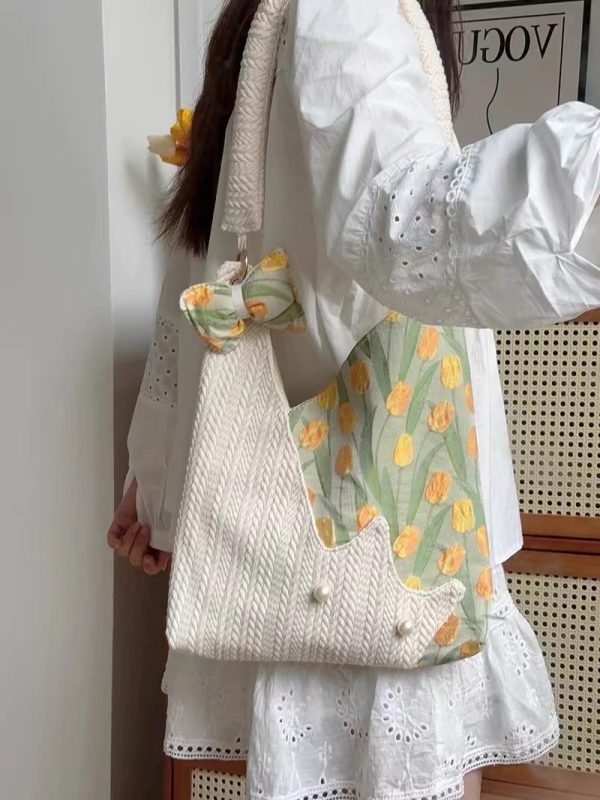 Korean-Style Cute Cat Tulip Crossbody Tote Bag, Large Capacity Shoulder Bag, Niche Design Underarm Bag