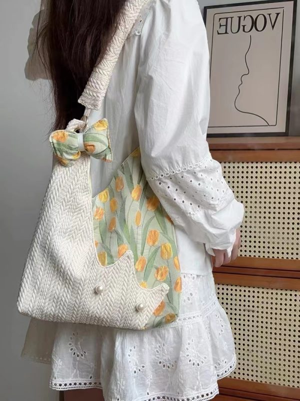 Korean-Style Cute Cat Tulip Crossbody Tote Bag, Large Capacity Shoulder Bag, Niche Design Underarm Bag