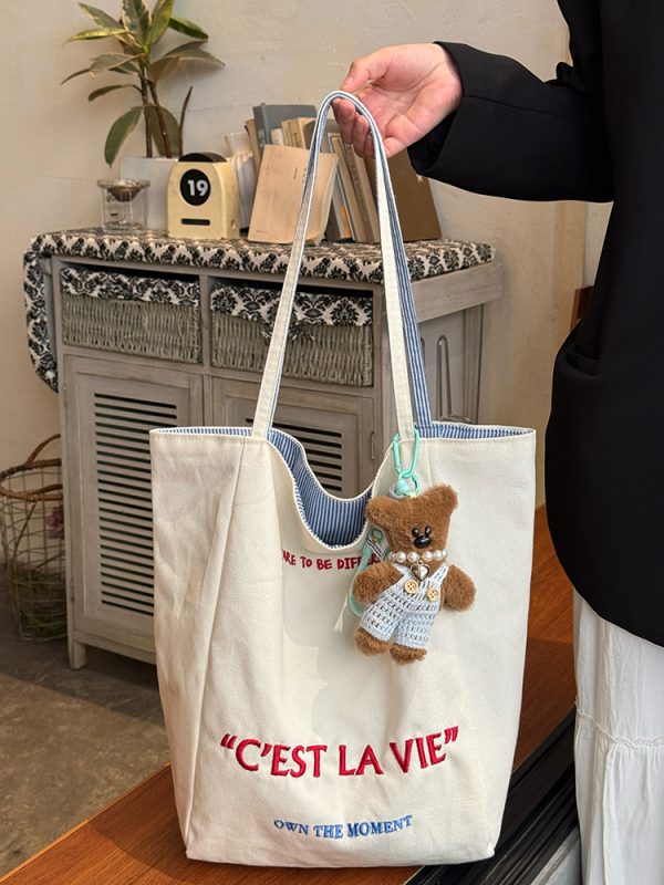 Korean Style Double-Sided Embroidered Canvas Shoulder Bag for Women - Large Capacity Casual Striped Tote for Commuting