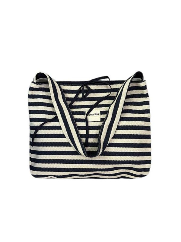 Korean Style Double-Sided Striped Canvas Tote Bag - Large Capacity Bow Shoulder Crossbody Bag for Casual Chic Looks
