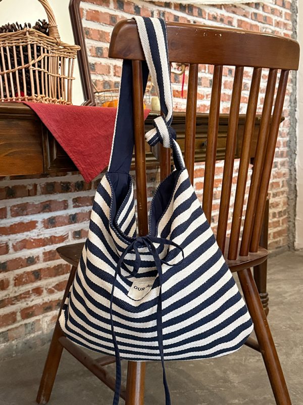 Korean Style Double-Sided Striped Canvas Tote Bag - Large Capacity Bow Shoulder Crossbody Bag for Casual Chic Looks