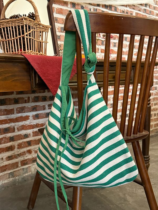 Korean Style Double-Sided Striped Canvas Tote Bag - Large Capacity Bow Shoulder Crossbody Bag for Casual Chic Looks