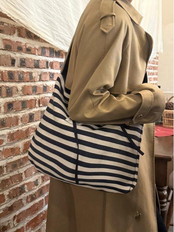 Korean Style Double-Sided Striped Canvas Tote Bag - Large Capacity Bow Shoulder Crossbody Bag for Casual Chic Looks