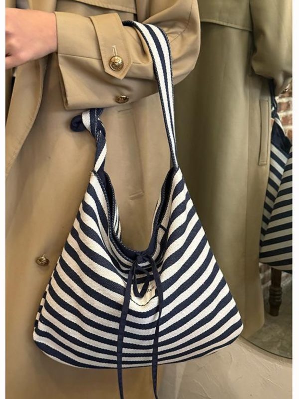 Korean Style Double-Sided Striped Canvas Tote Bag - Large Capacity Bow Shoulder Crossbody Bag for Casual Chic Looks