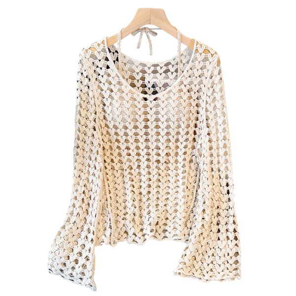 Korean Style Elegant Round Neck Hollow Out Long Sleeve Knitted Top with Built-In Padded Camisole - Summer Fashion Essential