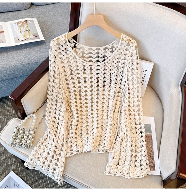 Korean Style Elegant Round Neck Hollow Out Long Sleeve Knitted Top with Built-In Padded Camisole - Summer Fashion Essential