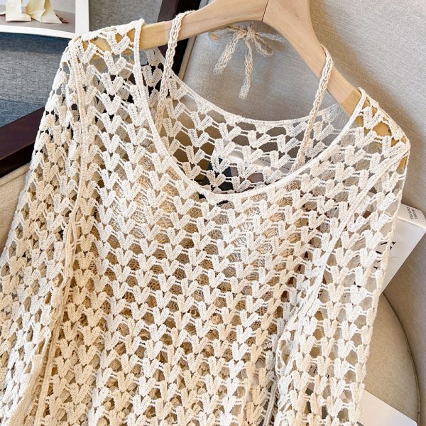 Korean Style Elegant Round Neck Hollow Out Long Sleeve Knitted Top with Built-In Padded Camisole - Summer Fashion Essential