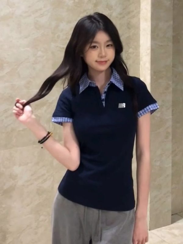 Korean Style Embroidered Polo Collar Short Sleeve T-Shirt for Women, Slim Fit Spliced Two-Piece Summer College Look