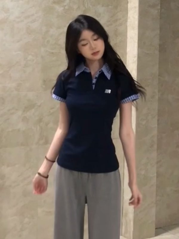 Korean Style Embroidered Polo Collar Short Sleeve T-Shirt for Women, Slim Fit Spliced Two-Piece Summer College Look