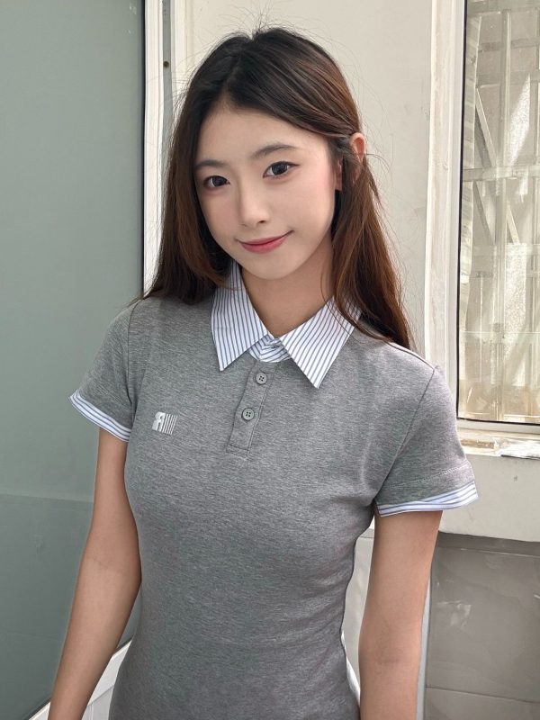 Korean Style Embroidered Polo Collar Short Sleeve T-Shirt for Women, Slim Fit Spliced Two-Piece Summer College Look