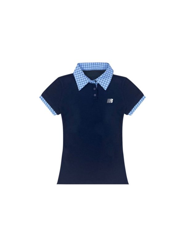 Korean Style Embroidered Polo Collar Short Sleeve T-Shirt for Women, Slim Fit Spliced Two-Piece Summer College Look