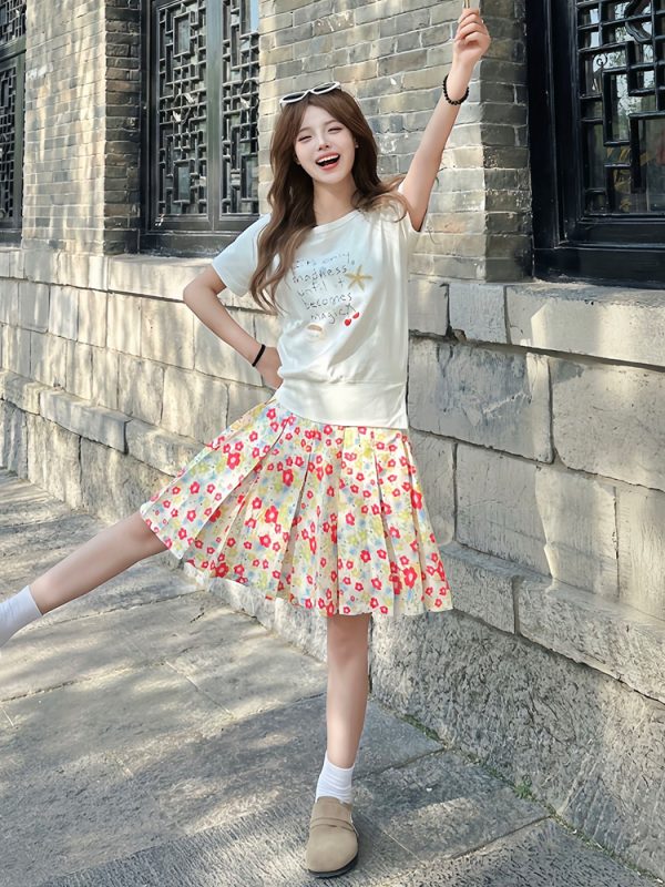 Korean Style Floral Pleated Skirt for Women, Summer A-Line Mid-Length Skirt, Colorful Vacation Outfit
