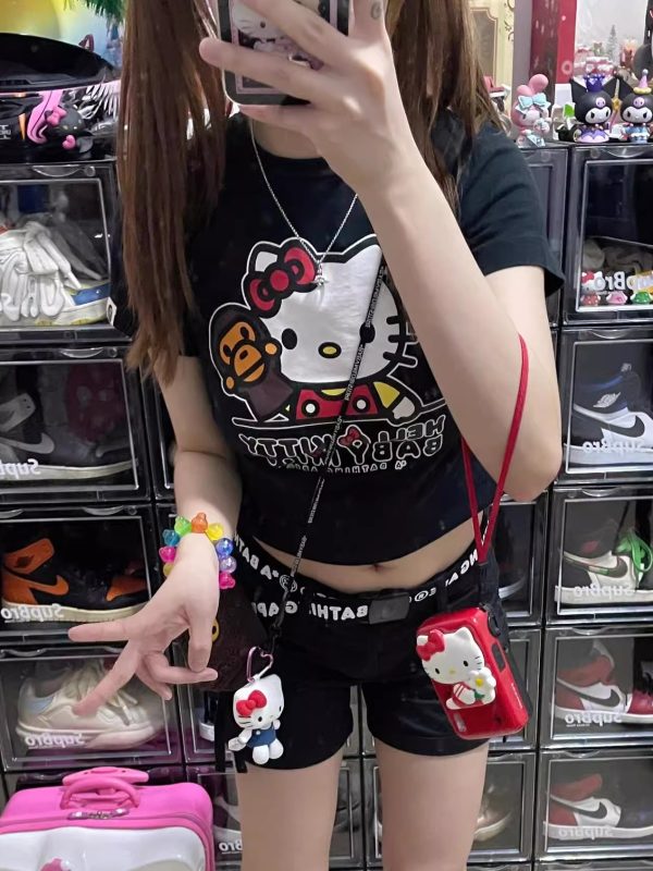 Korean Style Fun Fries Cartoon Print Slim Fit Cotton Top for Spicy Girls - High Elastic Short Sleeve Shirt