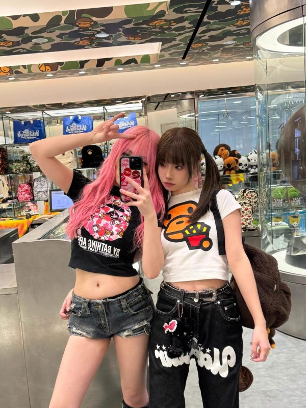 Korean Style Fun Fries Cartoon Print Slim Fit Cotton Top for Spicy Girls - High Elastic Short Sleeve Shirt