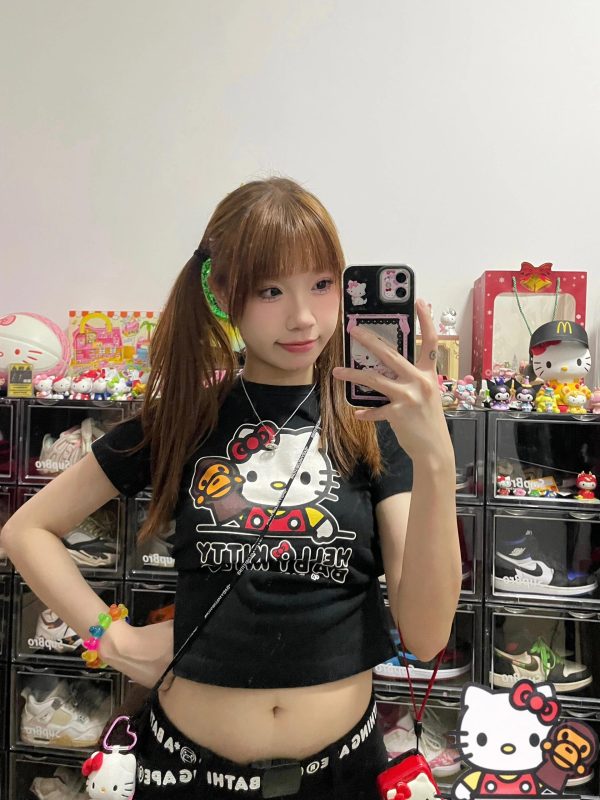Korean Style Fun Fries Cartoon Print Slim Fit Cotton Top for Spicy Girls - High Elastic Short Sleeve Shirt