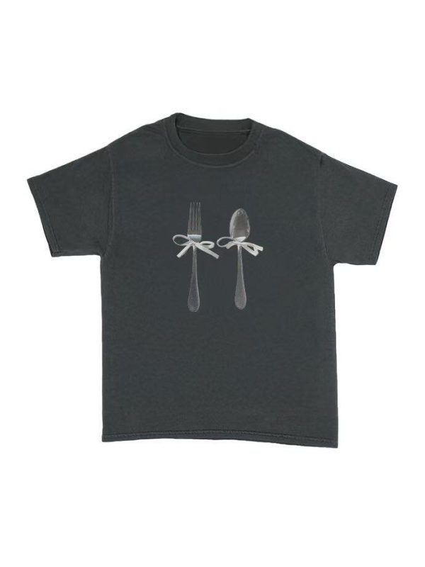 Korean Style Fun Print Bowknot Short-Sleeved Slim-Fit High-Stretch Cotton T-Shirt for Casual Wear