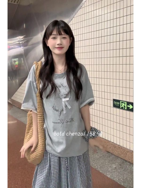 Korean-Style Gray Short Sleeve T-Shirt with Lace Spliced Unique Shoulders - Trendy Summer 2025 Women's Internet Celebrity Top