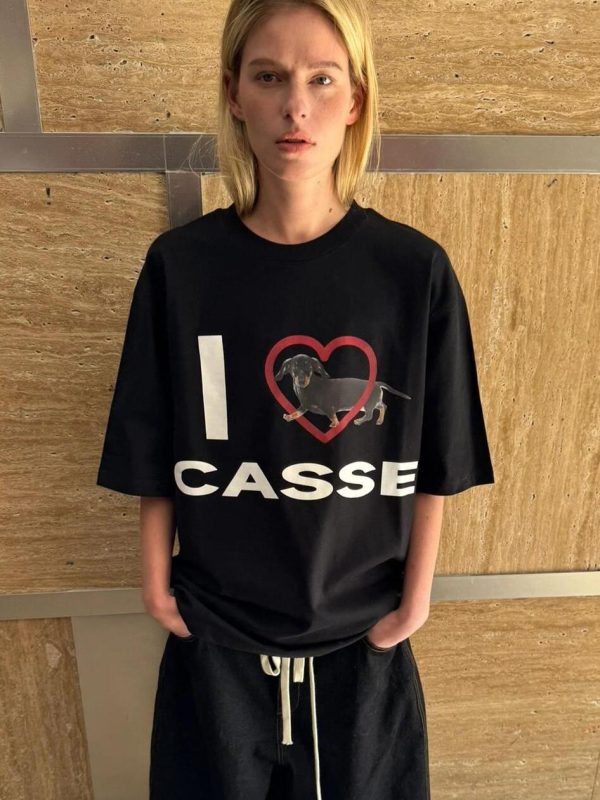 Korean Style Heart-Shaped Sausage Dog Cartoon Print Casual Loose Cotton Short Sleeve T-Shirt Top for Everyday Wear