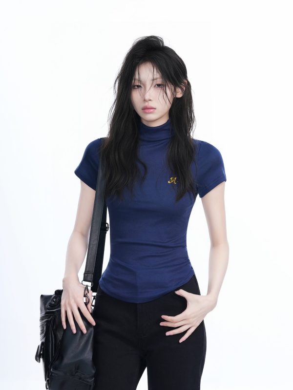 Korean-Style High-Neck Embroidered Short Sleeve T-Shirt for Women â€“ Trendy Fitted Top for Spicy Y2K Fashion Lovers