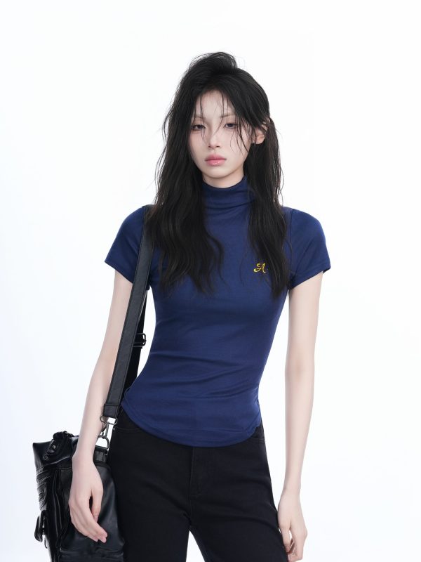 Korean-Style High-Neck Embroidered Short Sleeve T-Shirt for Women â€“ Trendy Fitted Top for Spicy Y2K Fashion Lovers