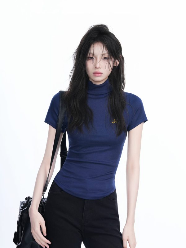Korean-Style High-Neck Embroidered Short Sleeve T-Shirt for Women â€“ Trendy Fitted Top for Spicy Y2K Fashion Lovers