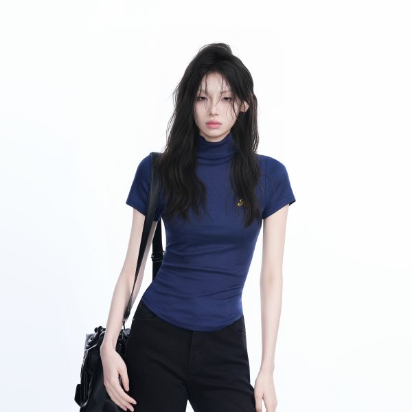 Korean-Style High-Neck Embroidered Short Sleeve T-Shirt for Women â€“ Trendy Fitted Top for Spicy Y2K Fashion Lovers
