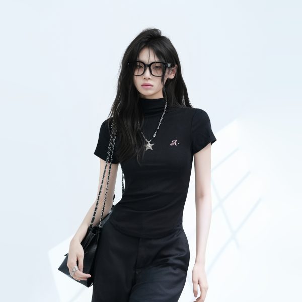 Korean-Style High-Neck Embroidered Short Sleeve T-Shirt for Women â€“ Trendy Fitted Top for Spicy Y2K Fashion Lovers