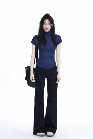 Korean-Style High-Neck Embroidered Short Sleeve T-Shirt for Women â€“ Trendy Fitted Top for Spicy Y2K Fashion Lovers