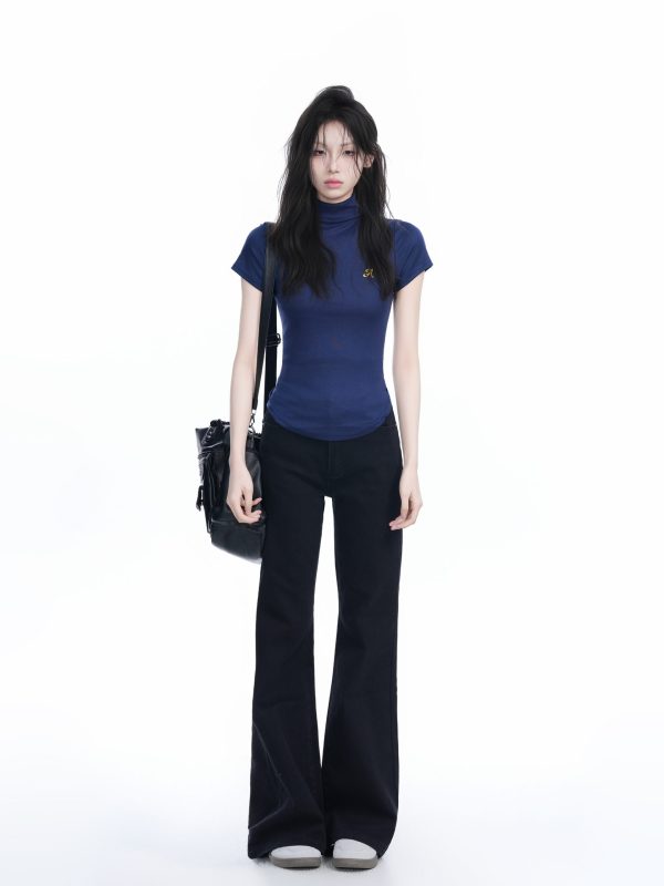 Korean-Style High-Neck Embroidered Short Sleeve T-Shirt for Women â€“ Trendy Fitted Top for Spicy Y2K Fashion Lovers