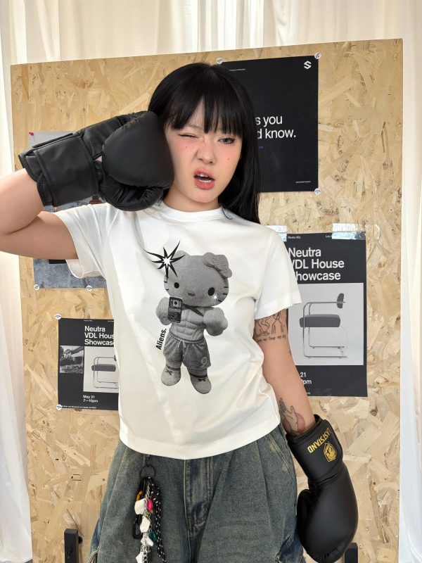 Korean Style Kitty Cartoon Print Fitted Cotton Fitness Top - High Elastic Slim Short Sweet Girl's Tee