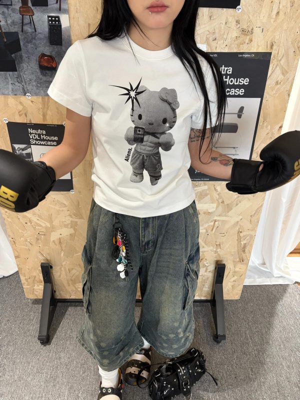 Korean Style Kitty Cartoon Print Fitted Cotton Fitness Top - High Elastic Slim Short Sweet Girl's Tee
