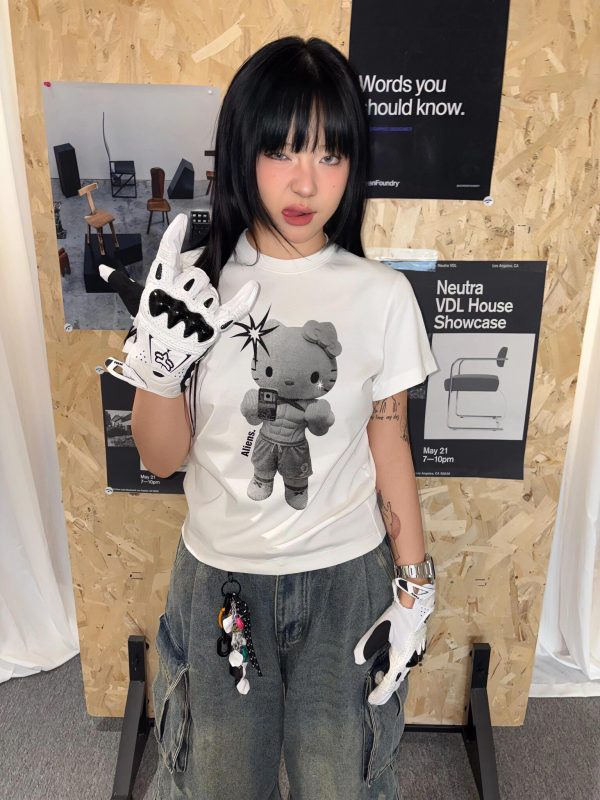 Korean Style Kitty Cartoon Print Fitted Cotton Fitness Top - High Elastic Slim Short Sweet Girl's Tee