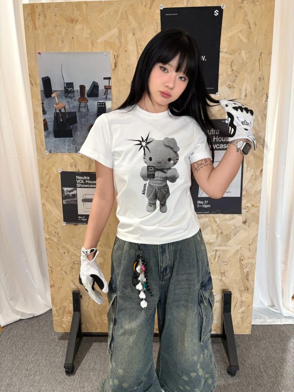 Korean Style Kitty Cartoon Print Fitted Cotton Fitness Top - High Elastic Slim Short Sweet Girl's Tee