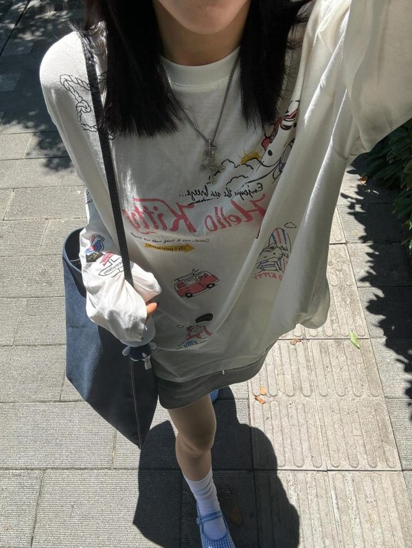 Korean Style Kitty Cat Print Casual Loose Long Sleeve Cotton Shirt for Women - Versatile Everyday Top