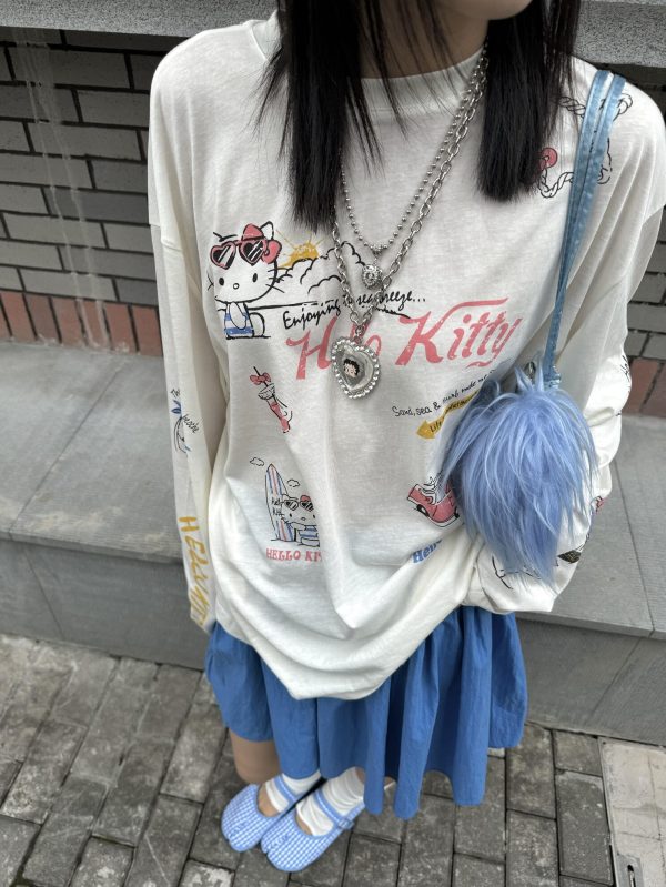 Korean Style Kitty Cat Print Casual Loose Long Sleeve Cotton Shirt for Women - Versatile Everyday Top