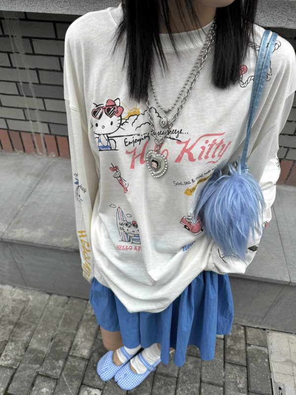 Korean Style Kitty Cat Print Casual Loose Long Sleeve Cotton Shirt for Women - Versatile Everyday Top
