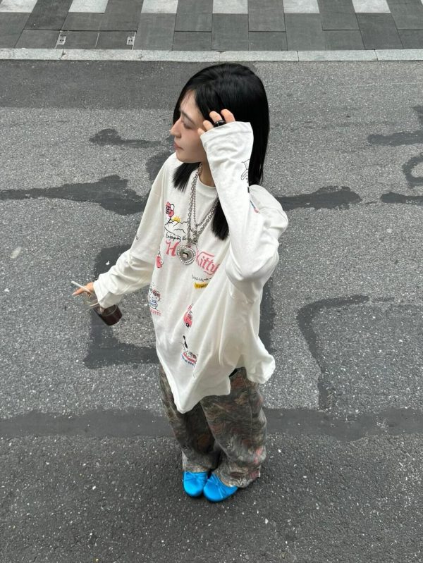 Korean Style Kitty Cat Print Casual Loose Long Sleeve Cotton Shirt for Women - Versatile Everyday Top