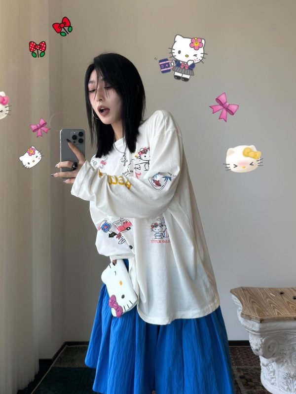 Korean Style Kitty Cat Print Casual Loose Long Sleeve Cotton Shirt for Women - Versatile Everyday Top