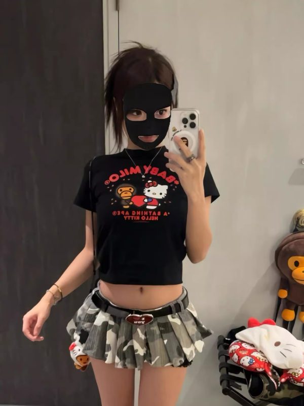 Korean Style Kitty Cat Printed Slim-Fit Round Neck Short Sleeve T-Shirt for Women - Age-Reducing Pure Cotton 25SS